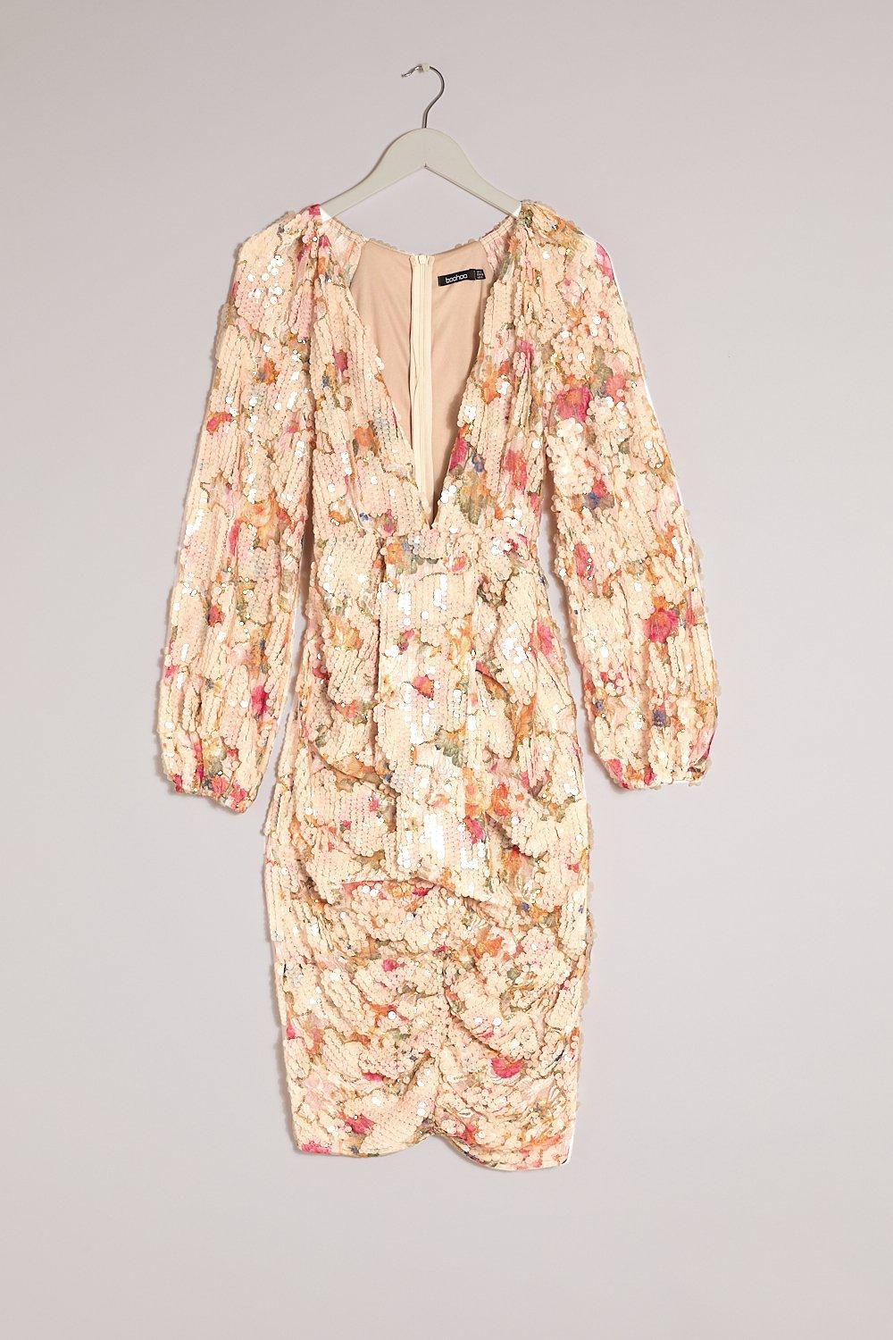 Boohoo Occasion Sequin Puff Sleeve Midi Dress | boohoo